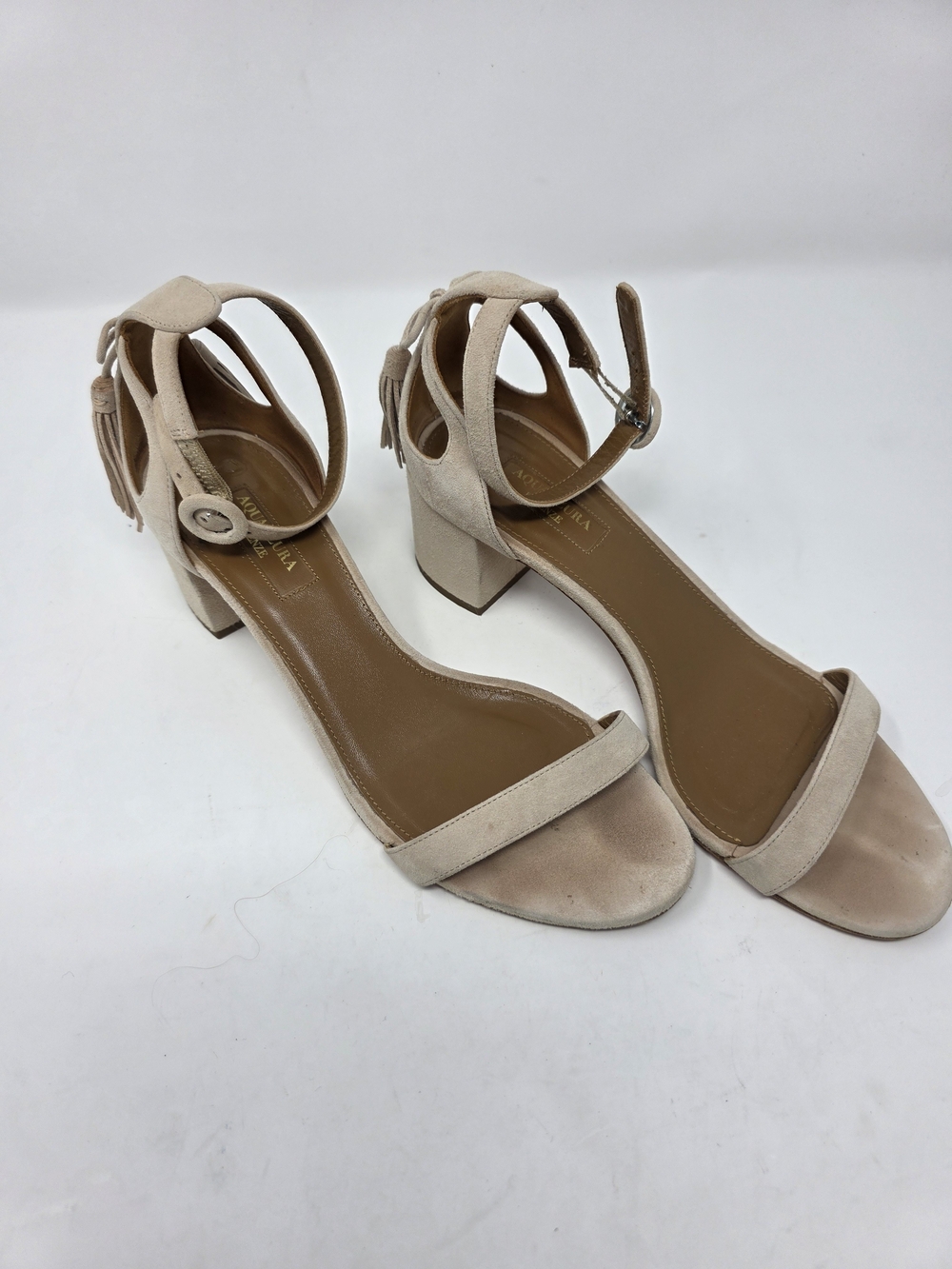 Aquazzura Firenze Suede Tassel Sandals 38.5 Nude Beige Block Heel Italy